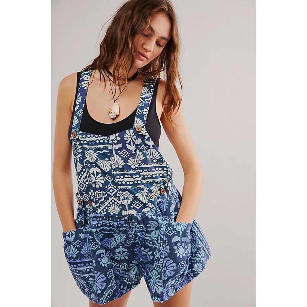 Free People Blue Palm Bay Printed Shortalls SMALL NWOT‎